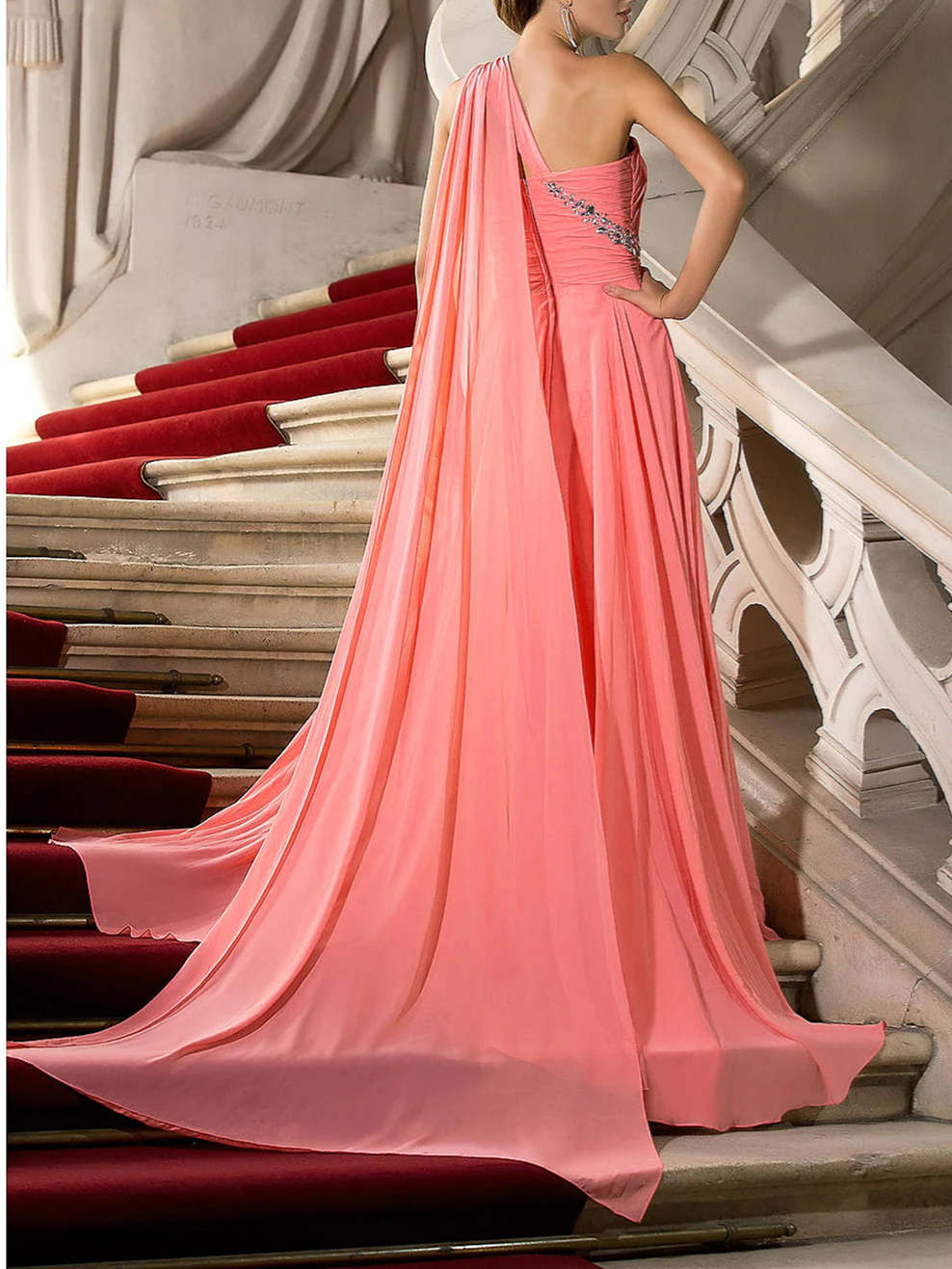 A-Line/Princess One Shoulder Court Train Evening Dresses with Crystals Draping
