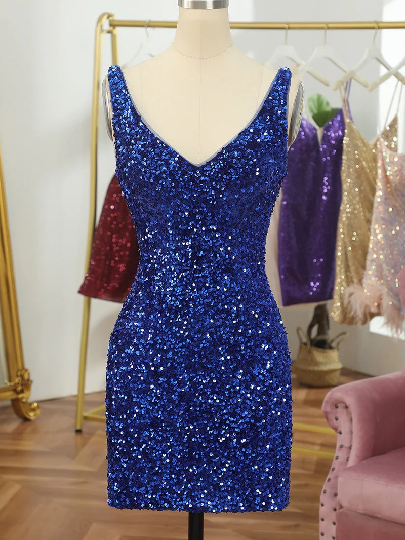 Sheath/Column V-Neck Sleeveless Short/Mini Party Dance Cocktail Homecoming Dress With Sequins