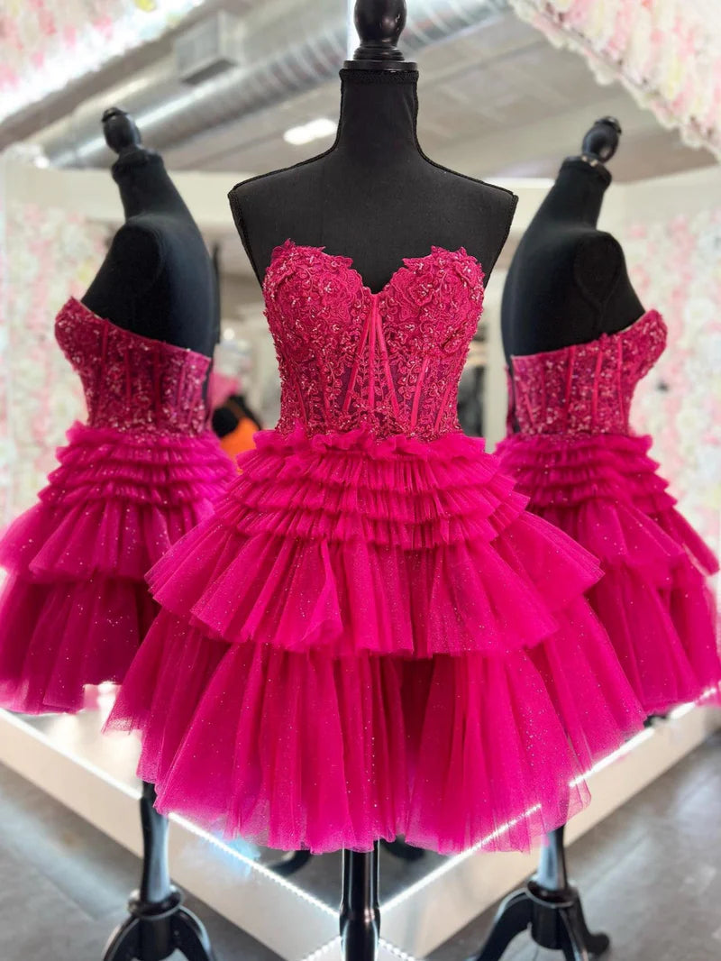 A-Line/Princess Sweetheart Sleeveless Short/Mini Party Dance Cocktail Homecoming Dress With Lace Appliques & Sequins, Ruffles