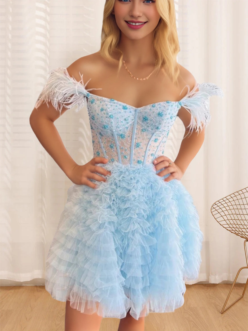 A-Line/Princess Semi-Sweetheart Sleeveless Short/Mini Party Dance Cocktail Homecoming Dress With Ruffles & Feathers
