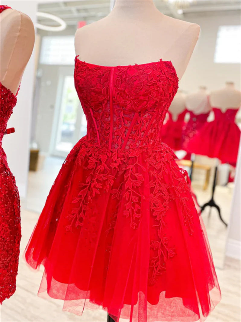 A-Line/Princess Strapless Sleeveless Short/Mini Party Dance Cocktail Homecoming Dress With Appliques