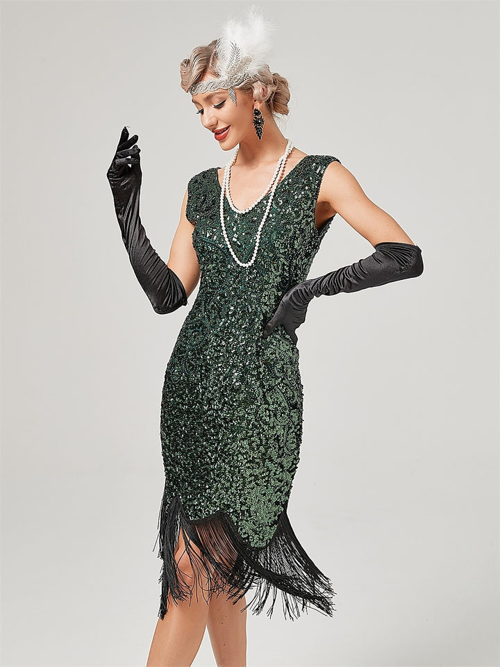 A-Line/Princess Jewel Neck Off-the-Shoulder Sleeveless Knee-Length Vintage Dress with Sequins &  Tassel Fringe