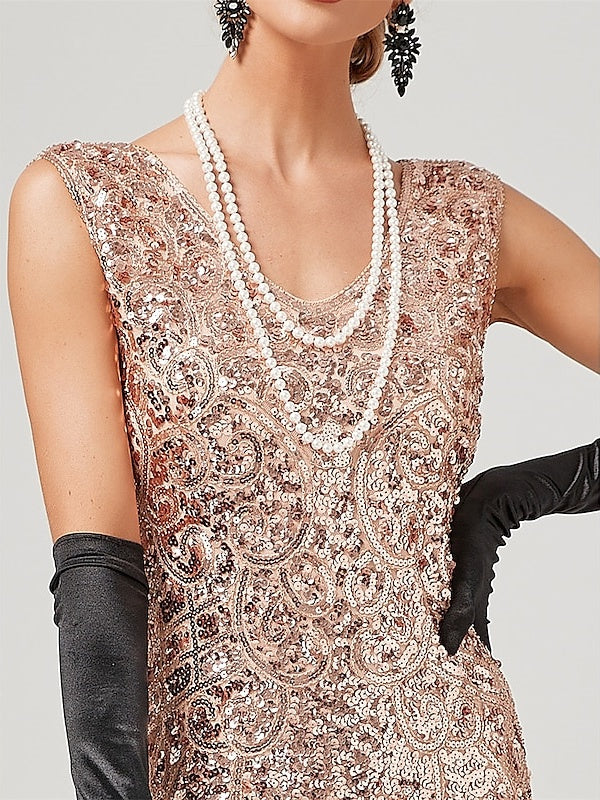 A-Line/Princess Jewel Neck Off-the-Shoulder Sleeveless Knee-Length Vintage Dress with Sequins &  Tassel Fringe