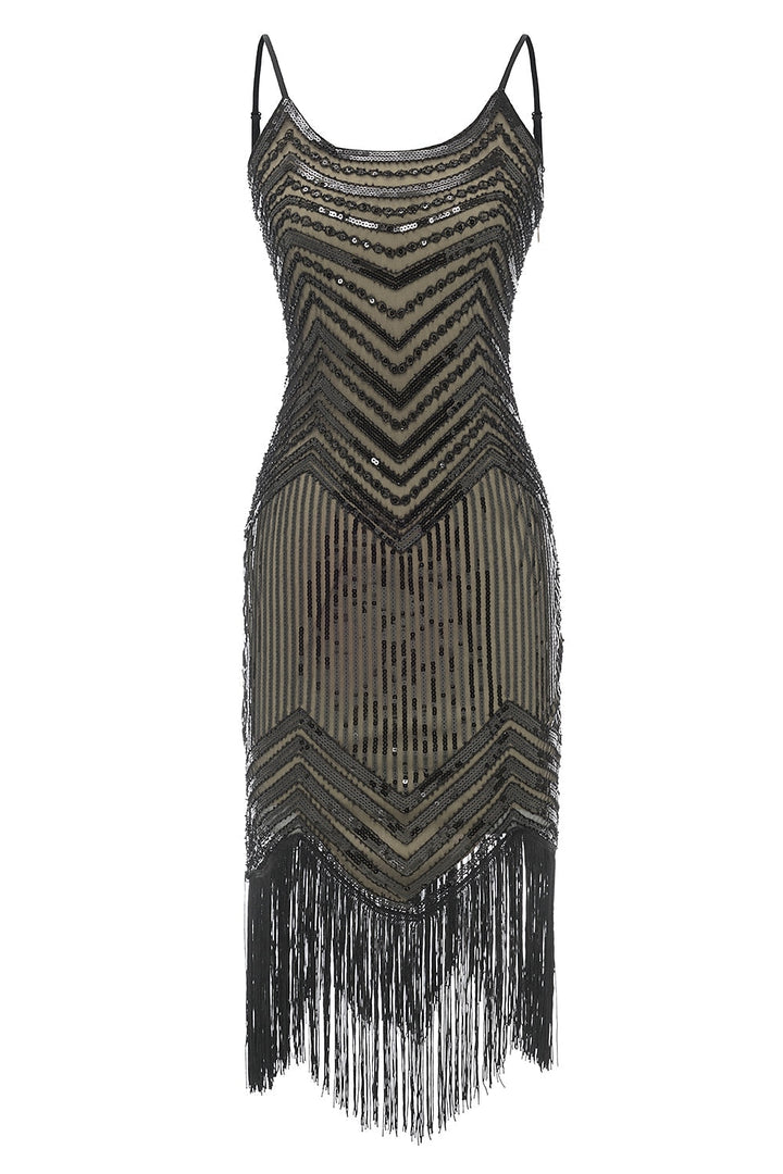 Sheath/Column Spaghetti Straps Sleeveless Tea-Length Vintage Dress with Sequins &Tassel Fringe