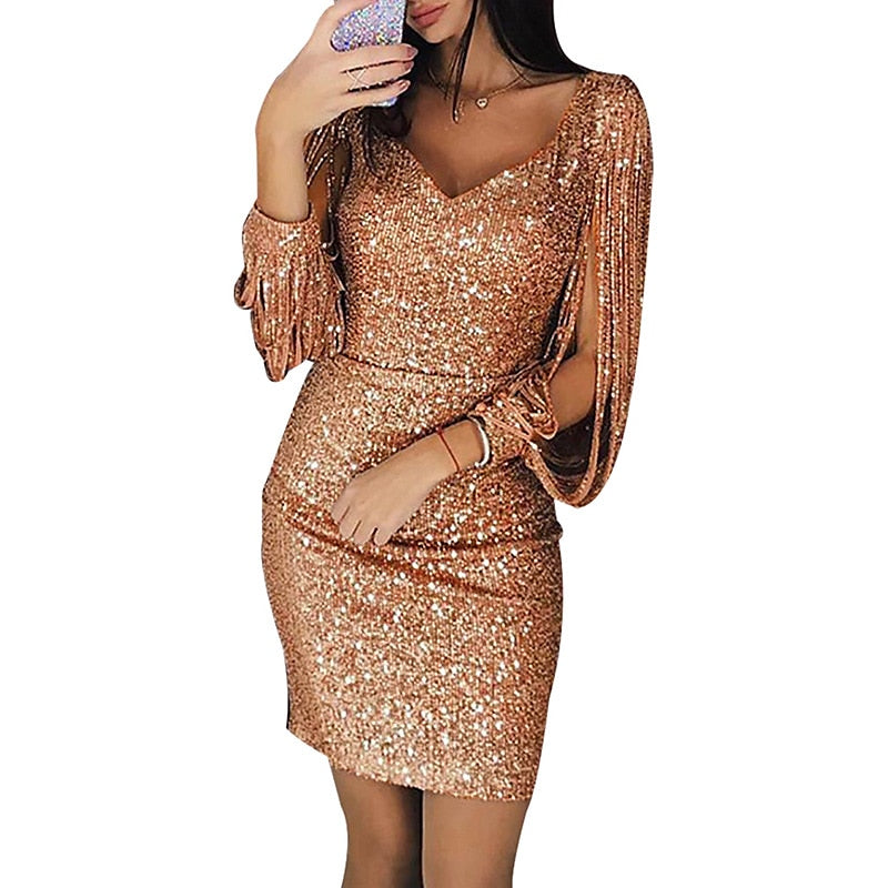 Sheath/Column V-Neck Long Sleeves Short/Mini Vintage Dress with Sequins & Tassel Fringe