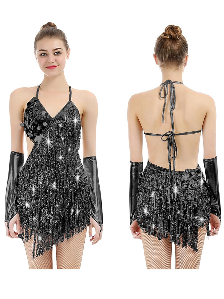 A-Line/Princess V-Neck Halter Sleeveless Short/Mini Vintage Dress with Sequins & Tassel Fringe