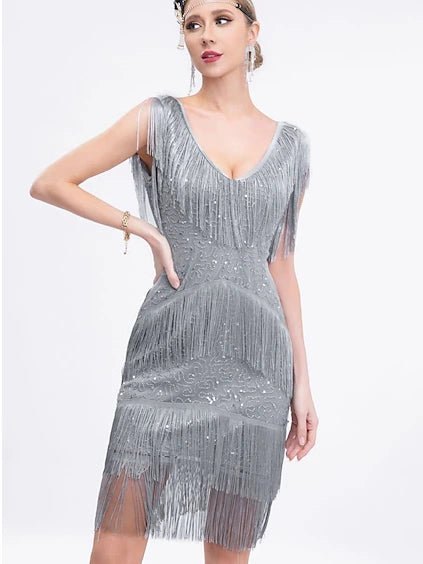 Sheath/Column V-Neck Sleeveless Knee-Length Vintage Dress with Sequins &Tassel Fringe