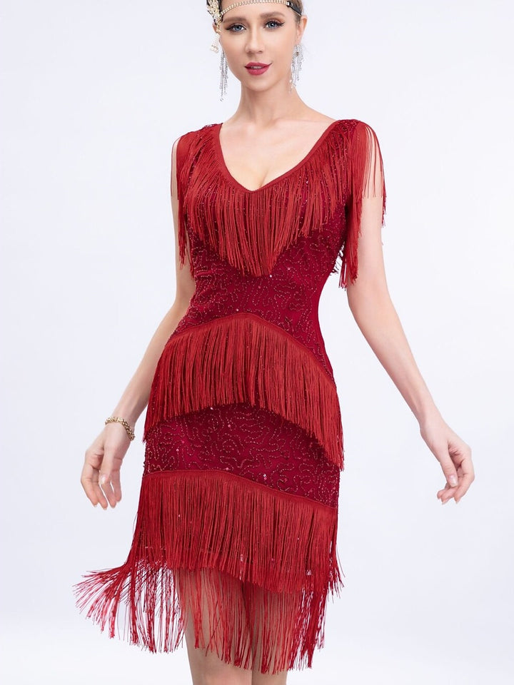 Sheath/Column V-Neck Sleeveless Knee-Length Vintage Dress with Sequins &Tassel Fringe
