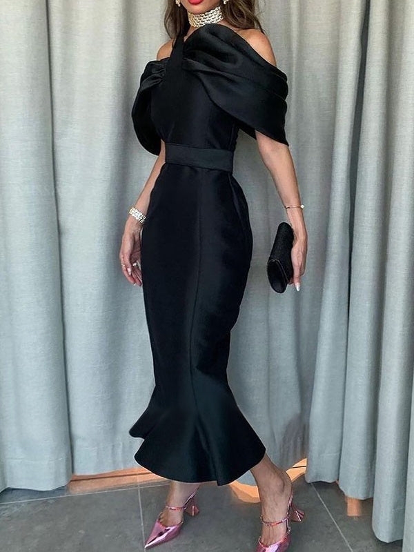 Off-the-Shoulder Formal Cocktail Dresses Mermaid/Trumpet Sleeves Black Cocktail Dresses Satin Ankle-Length With Ruffles