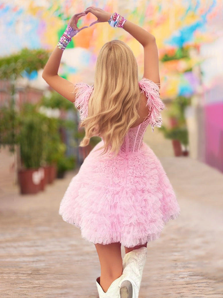 A-Line/Princess Semi-Sweetheart Short Sleeves Short/Mini Party Dance Cocktail Homecoming Dress With Beadings, Ruffles & Feathers