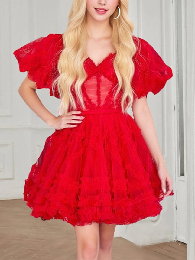 A-Line/Princess Off-the-Shoulder Short Puffy Sleeves Short/Mini Party Dance Cocktail Homecoming Dress With Ruffles, Pleats & Sash