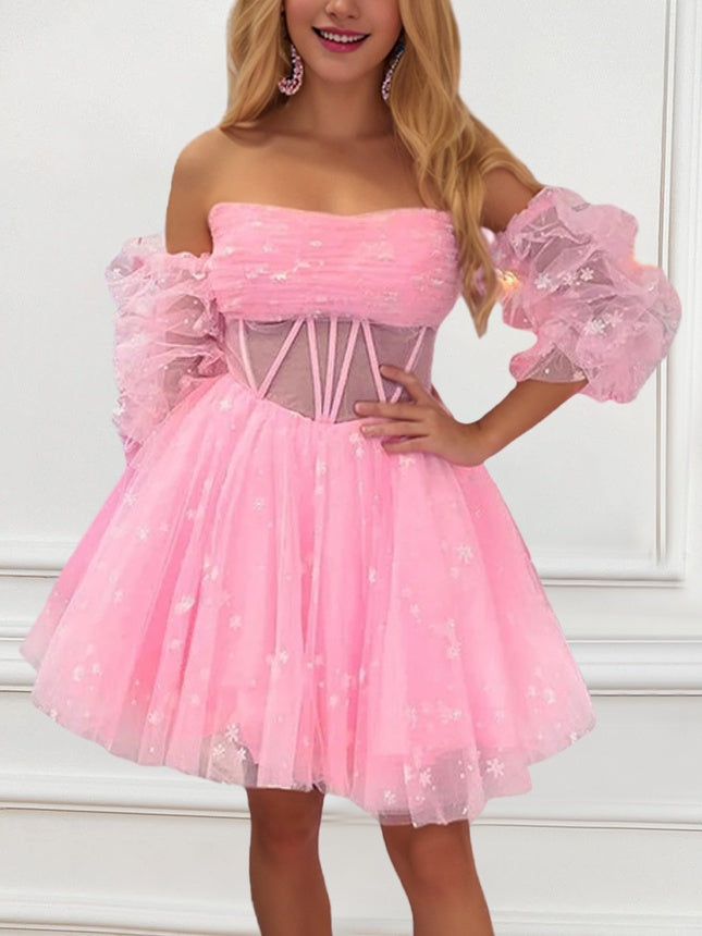 A-Line/Princess Strapless Detachable Balloon Sleeves Short/Mini Party Dance Cocktail Homecoming Dress With Pleats, Illusion Corset Bodice