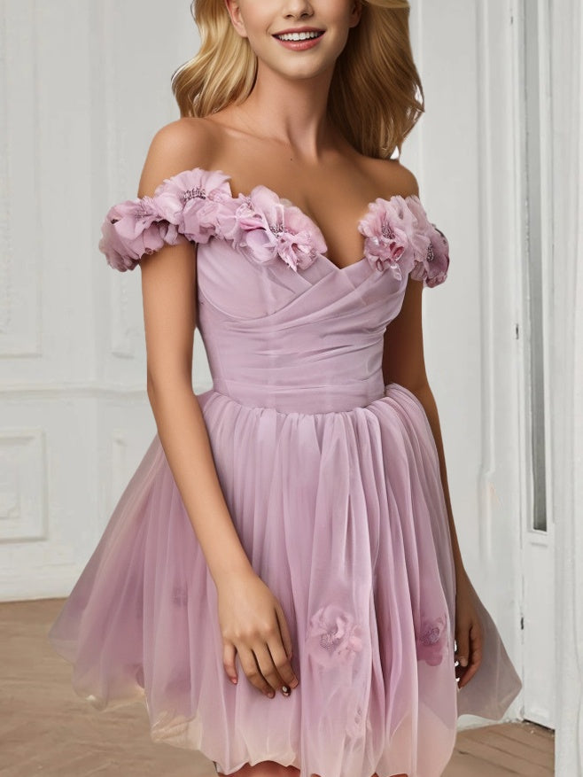 A-Line/Princess Sweetheart Off-the-shoulder Straps Sleeves Short/Mini Party Dance Cocktail Homecoming Dress With Handmade Flowers & Pleats