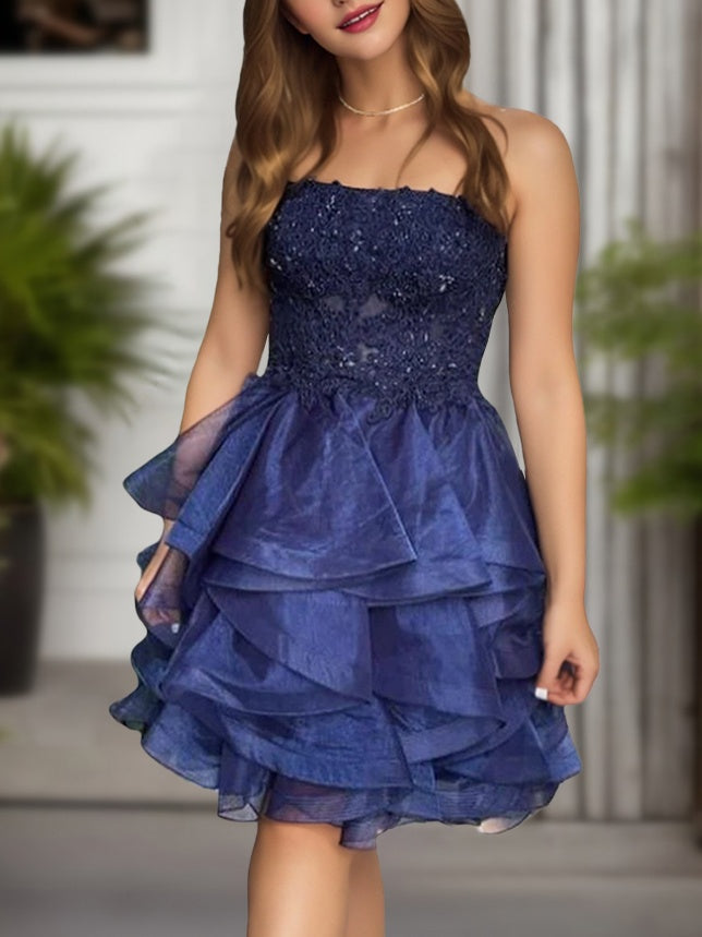 A-Line/Princess Straight-Across Sleeveless Short/Mini Party Dance Cocktail Homecoming Dress With Ruffles, Navy Blue