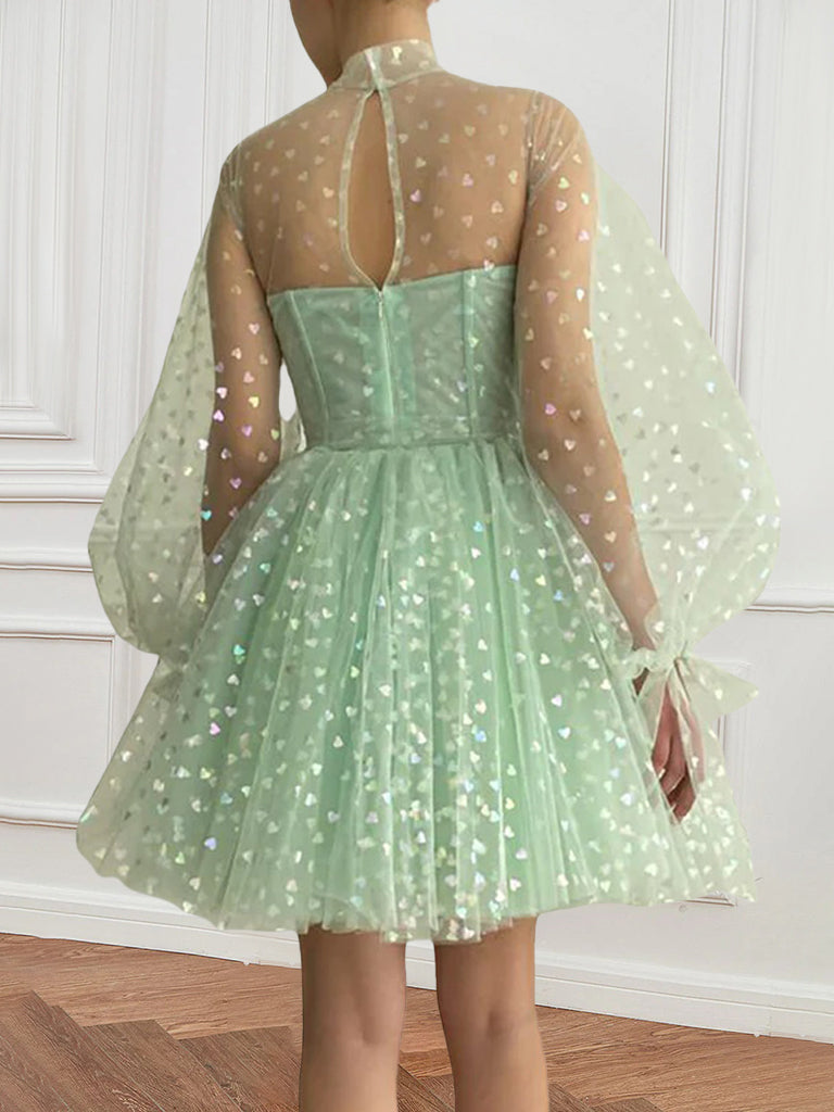 A-Line/Princess High-Neck Illusion Long Puffy Sleeves Short/Mini Party Dance Cocktail Homecoming Dress With Illusion Corset Bodice, Pleats, Light A-Line/Princess High-Neck Illusion Long Puffy Sleeves Short/Mini Party Dance Cocktail Homecoming Dress With Illusion Corset Bodice, Pleats, Light