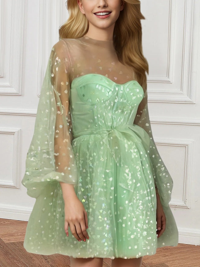 A-Line/Princess High-Neck Illusion Long Puffy Sleeves Short/Mini Party Dance Cocktail Homecoming Dress With Illusion Corset Bodice, Pleats, Light