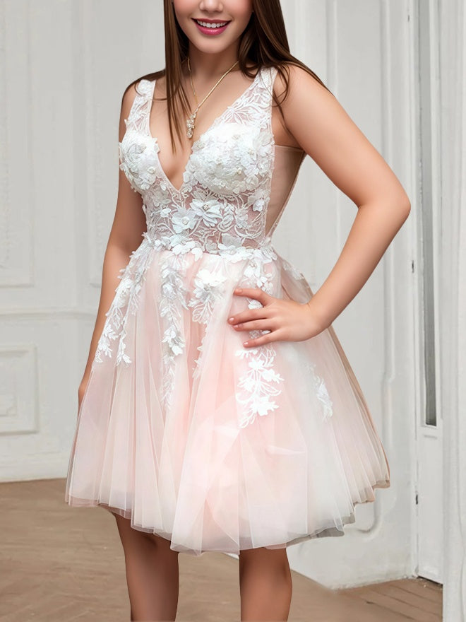 A-Line/Princess Plunge V-Neckline Sleeveless Short/Mini Party Dance Cocktail Homecoming Dress With Illusion Bodice, Appliques, Beadwork