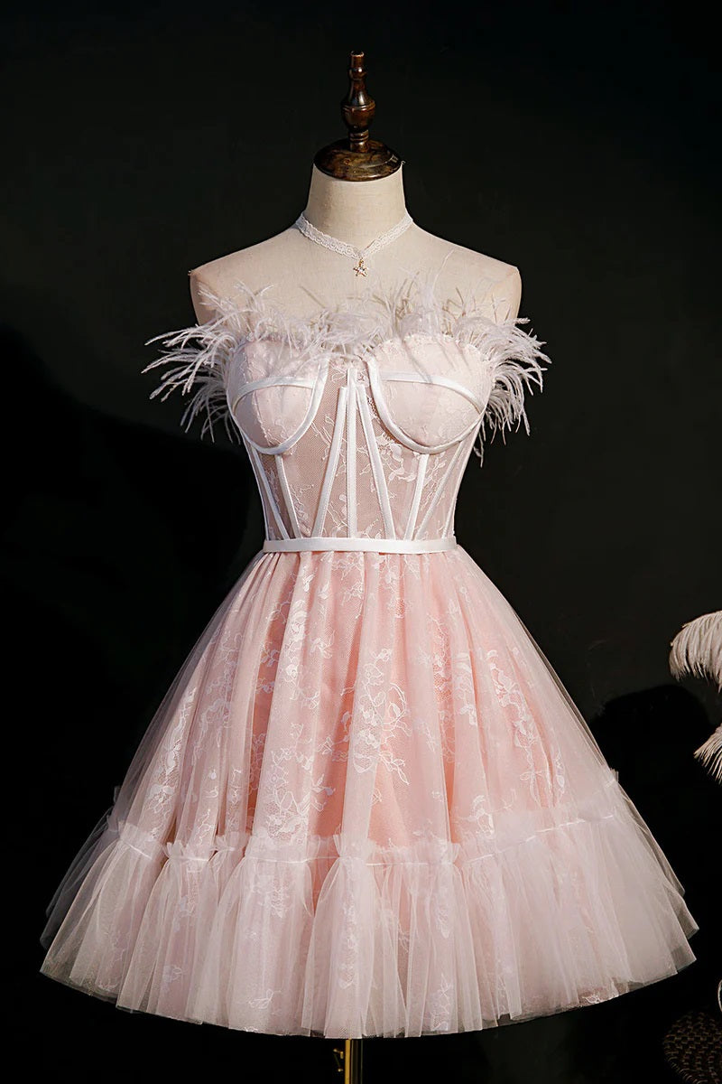 A-Line/Princess Strapless Sleeveless Short/Mini Party Dance Cocktail Homecoming Dress With Feathers