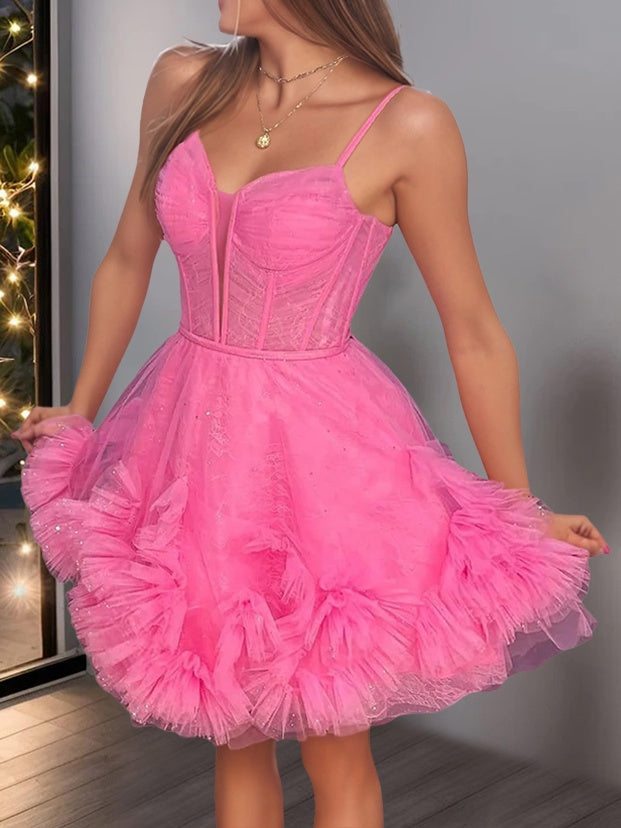 A-Line/Princess Spaghetti-Strap Sleeveless Short/Mini Party Dance Cocktail Homecoming Dress With Pleats, Ruffles