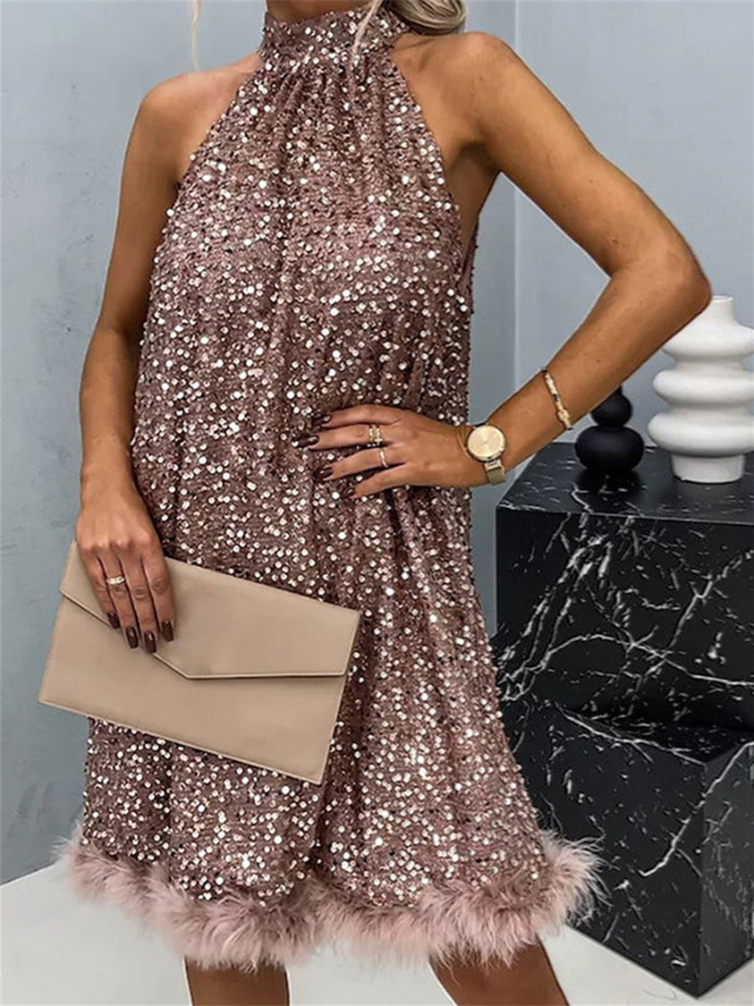 Women's Sequin Dress Feather Dress Sequins Sparkle Halter Neck Sleevel -  Mondressy