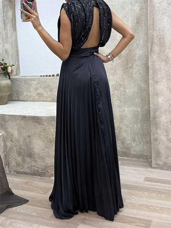 Women's Black Dress Sequin Dress Prom Dress Sequins Pleated Crew Neck  Dresses