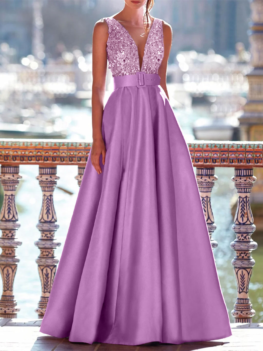 A-Line Floor Length Sleeveless V Neck Prom Dress Pocket Satin with Pea - Mondressy A-Line Floor Length Sleeveless V Neck Prom Dress Pocket Satin with Pea - Mondressy