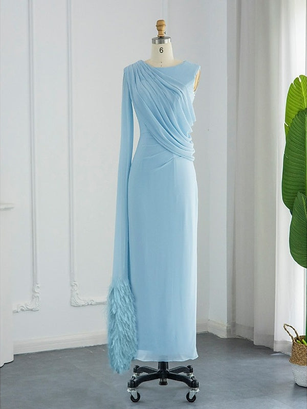 Light Blue One-Shoulder Evening Dress 2026 for Women Draped Slim Fit Maxi Formal Gown with Feather Sleeve Detail, As Pic Light Blue One-Shoulder Evening Dress 2026 for Women Draped Slim Fit Maxi Formal Gown with Feather Sleeve Detail, As Pic