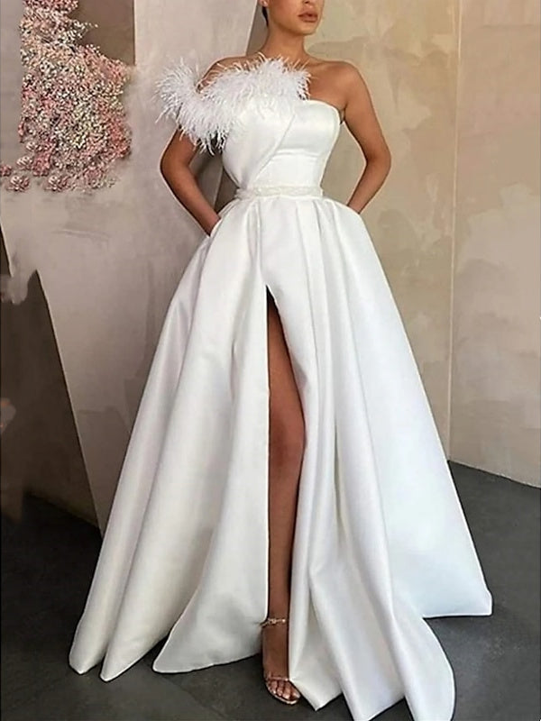 A-Line Floor Length Sleeveless One Shoulder Prom Dress Satin with Feather Slit