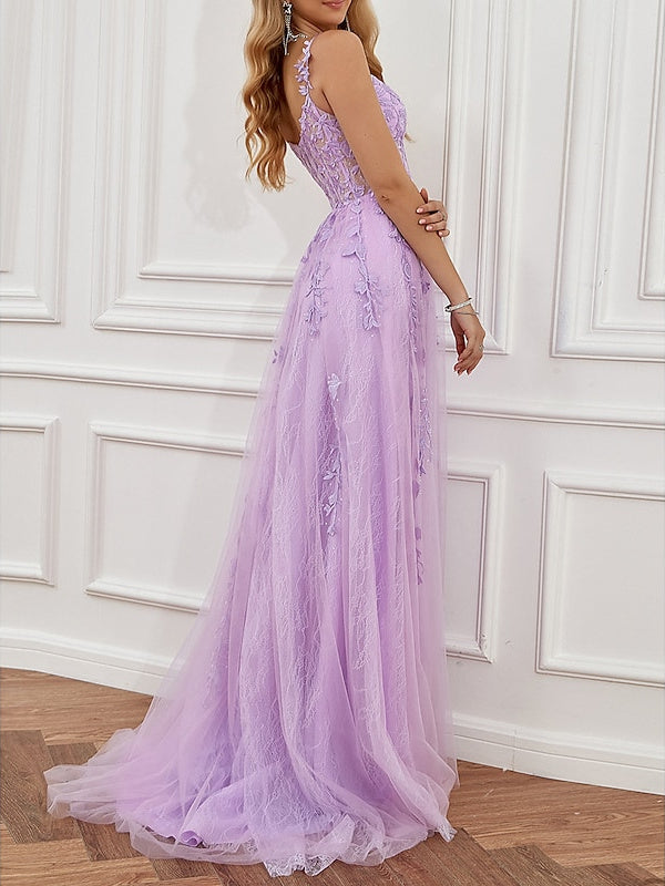 A-Line Sweep/Brush Train Sleeveless Sweetheart Tulle Backless Prom  Dress with Beading Slit Appliques