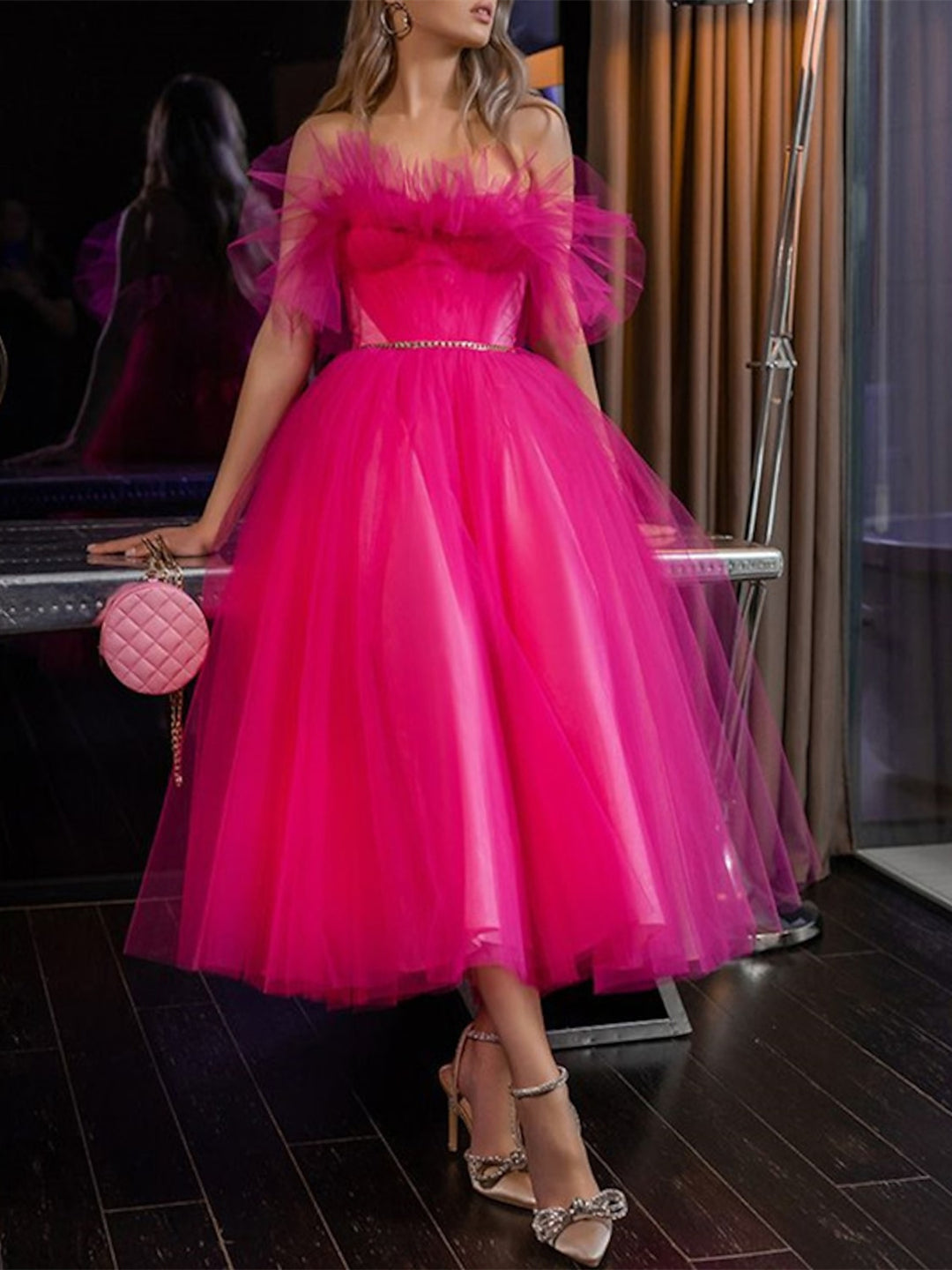 A-Line Formal Cocktail Dresses Tea Length Sleeveless Strapless Tulle P - Mondressy A-Line Formal Cocktail Dresses Tea Length Sleeveless Strapless Tulle P - Mondressy