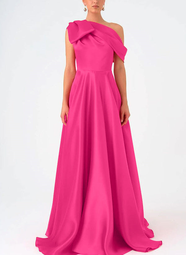 A-Line One-Shoulder Floor Evening Dresses Length  Sleeveless Prom Dress  Satin  With Bow(s)