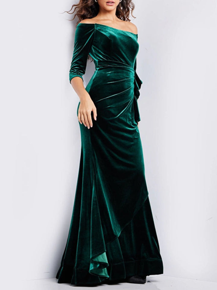 Sheath/Column Off-the-Shoulder 3/4 Sleeves Floor-length Prom Dresses With Ruffle