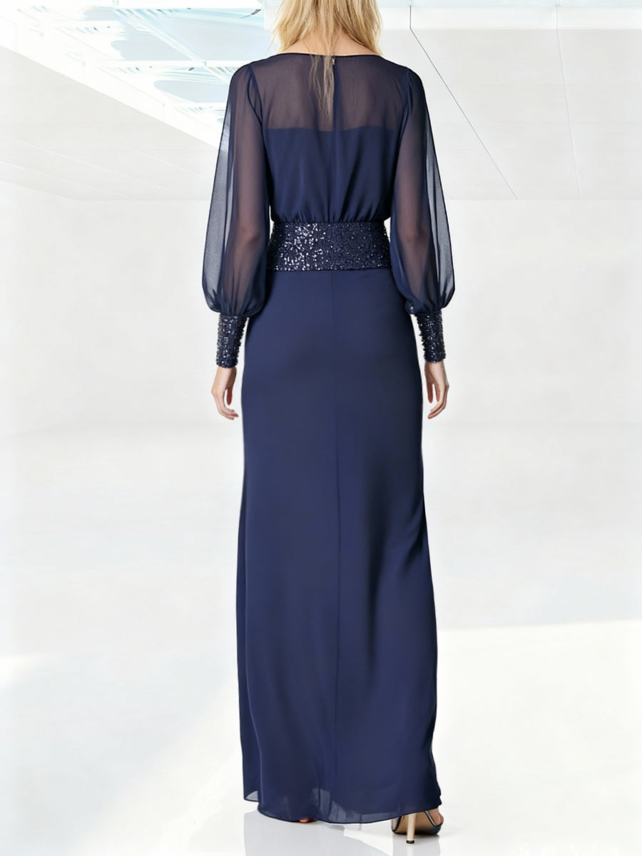 Sheath/Column Scoop Evening Dresses Long Sleeves Chiffon Floor length  With Sequins