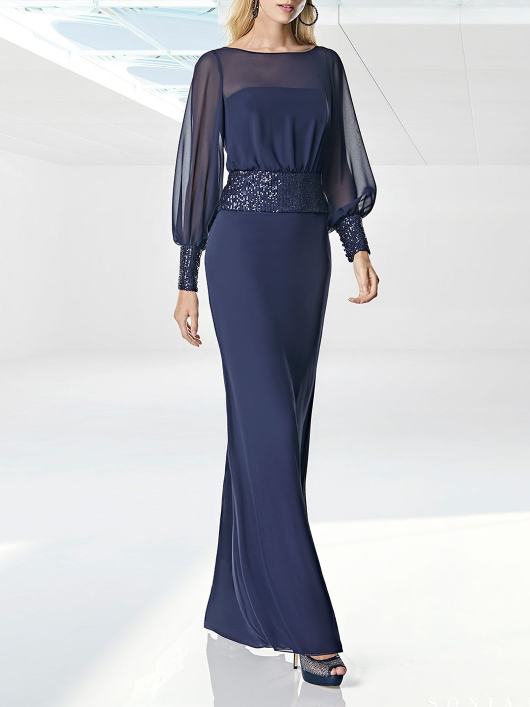 Sheath/Column Round Neck Long Sleeves Floor length Prom Dresses With Sequins Belt