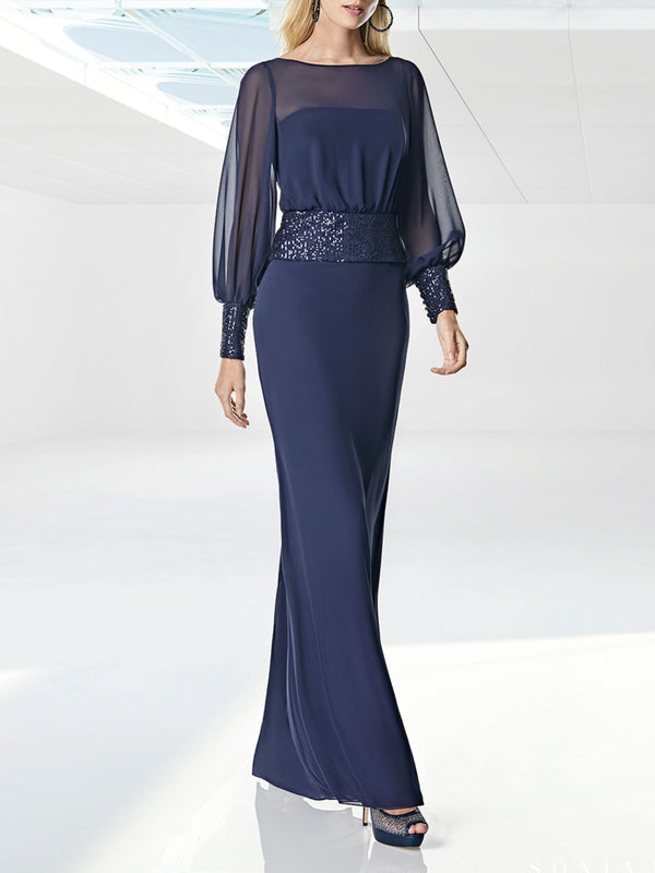 Sheath/Column Scoop Evening Dresses Long Sleeves Chiffon Floor length  With Sequins