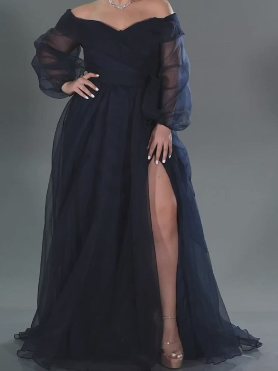 A-Line/Princess Off-the-shoulder Puff Long Sleeves Floor Length Evening Dresses with Slit