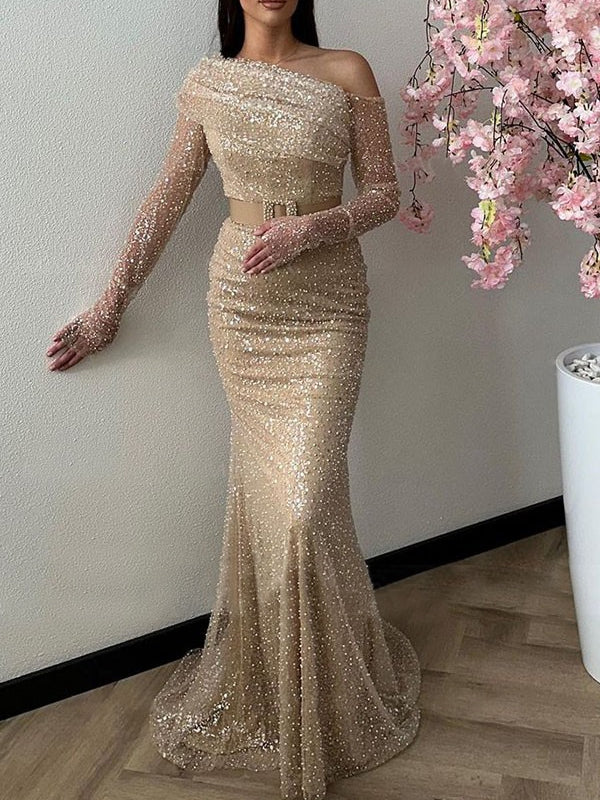 Champagne One-Shoulder Evening Dress for Women 2026 Sparkly Sequin Prom Dress Long Sleeve Slim Fit Mermaid Formal Gown with Belt Champagne One-Shoulder Evening Dress for Women 2026 Sparkly Sequin Prom Dress Long Sleeve Slim Fit Mermaid Formal Gown with Belt