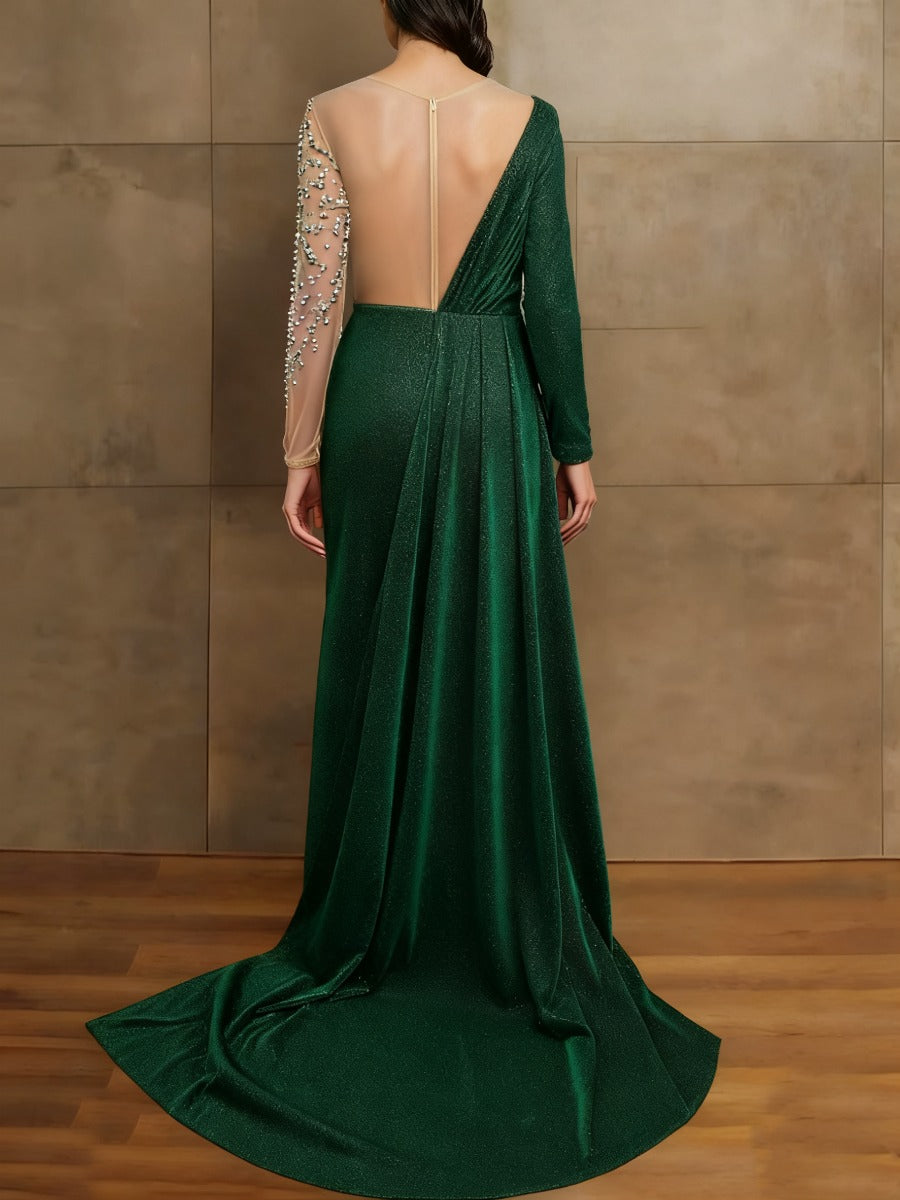 Trumpet/Mermaid Illusion Neck Long Sleeves Sequined Evening Dresses With Sequin & Pleats