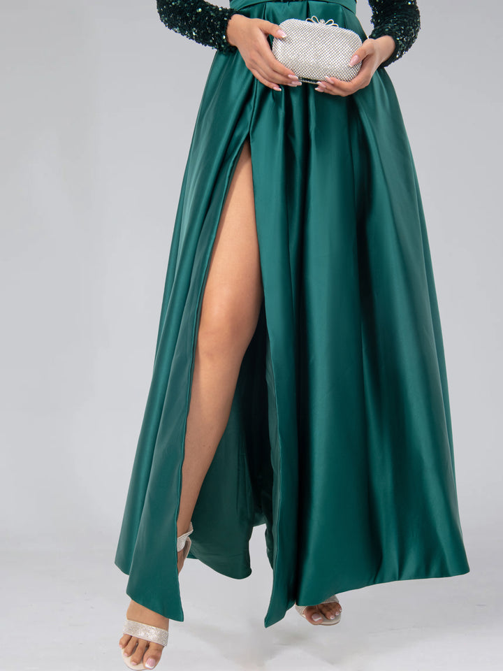 A-Line/Princess V-Neck Long Sleeves Floor-Length Evening Dresses with High Split