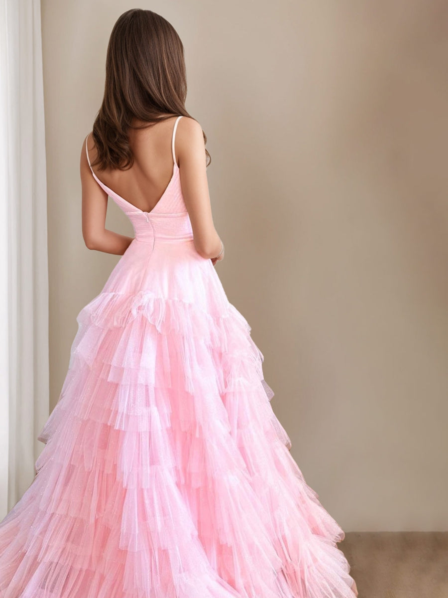 A-Line/Princess Spaghetti Straps Sleeveless Floor-Length Prom Dresses with Ruffles