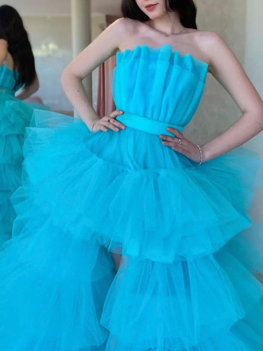 A-Line/Princess Strapless Sleeveless Asymmetrical Ruched Prom Dresses with Ruffles