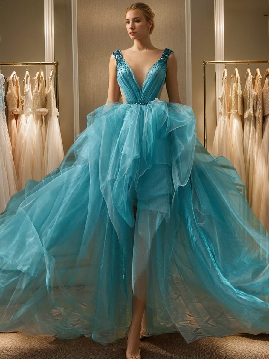2026 Prom Dresses A-Line/Princess V-Neck Sleeveless Asymmetrical Evening Ball Gowns with Rhinestone & Beadings