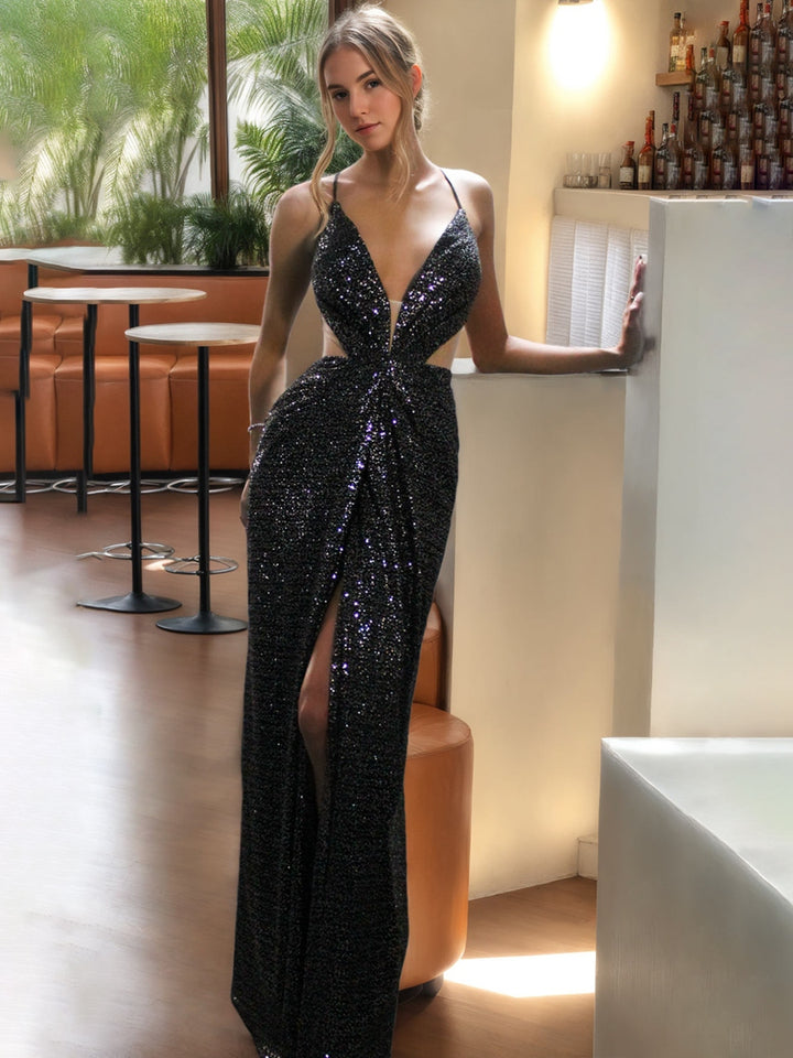 Sheath/Column V-Neck Sexy Sequined Floor-Length Prom Dresses with High Split