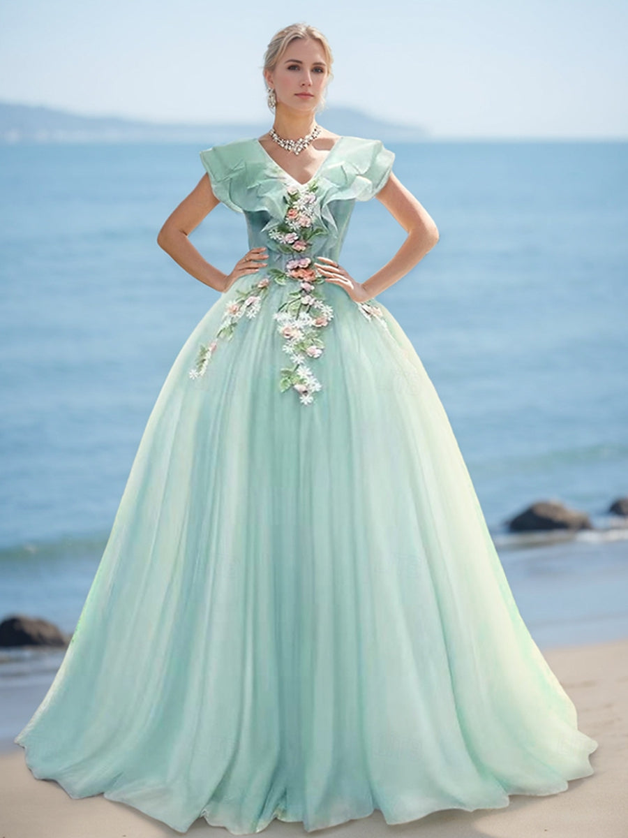 Ball Gown V-Neck Short Sleeves Floor-Length Organza Prom Dresses with Lace Appliques