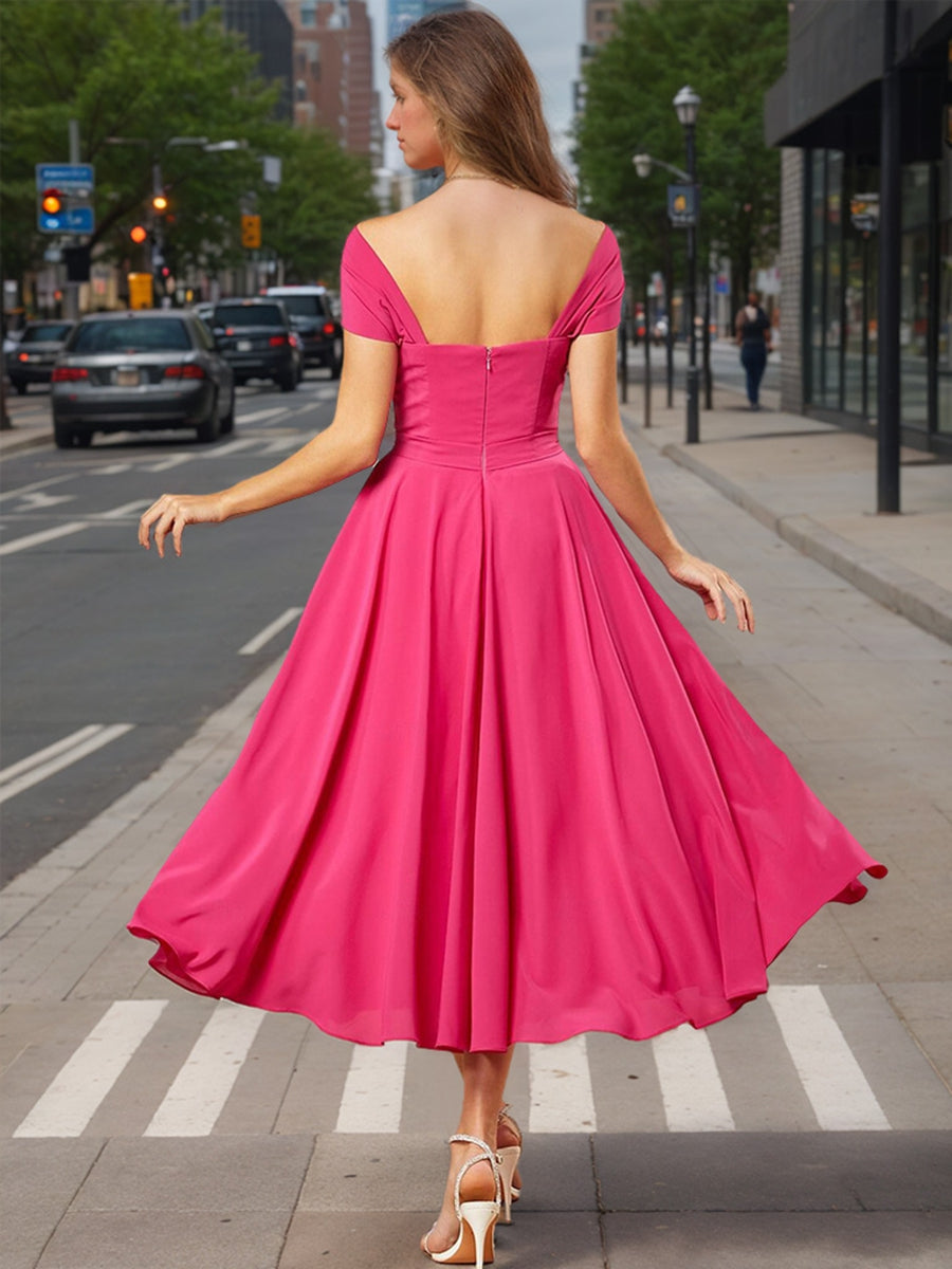 A-Line/Princess Off-the-Shoulder Short Sleeves Ruched Prom Dresses with Ruffles