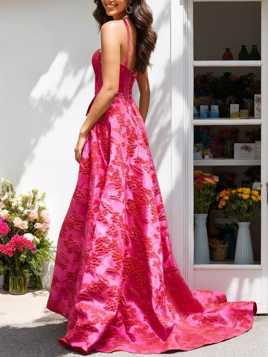 A-Line Elegant Spaghetti Straps Sleeveless Floral Long Prom Dresses with Pleats & High Split