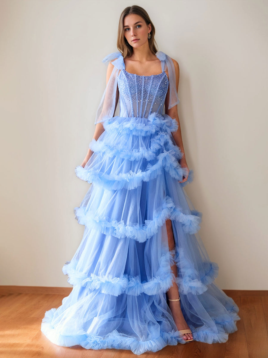 Tulle Prom Dress 2026 Women's A-Line/Princess Cowl Neck Sleeveless Floor-Length Formal Evening Ball Gowns with Crystal & Pleats, Baby Blue