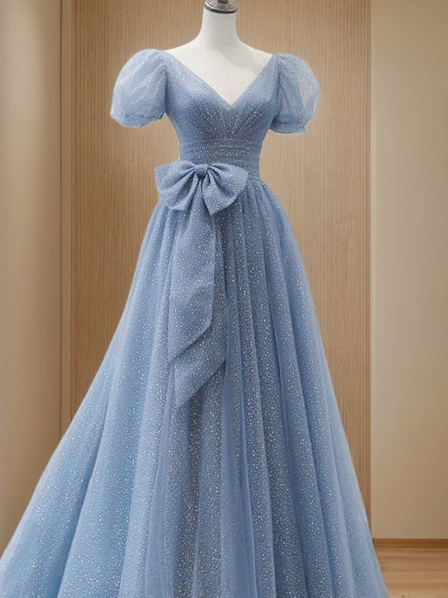 Glitter Tulle Prom Dresses 2026 Women's A-Line/Princess V-Neck Puffy Sleeves Floor Length Elegant Evening Ball Gowns with Bow Glitter Tulle Prom Dresses 2026 Women's A-Line/Princess V-Neck Puffy Sleeves Floor Length Elegant Evening Ball Gowns with Bow