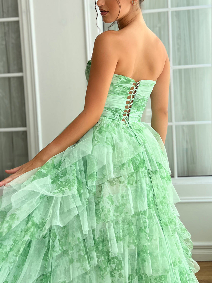 Ball Gown Strapless Sleeveless Printed Floral Prom Dresses with Split Ball Gown Strapless Sleeveless Printed Floral Prom Dresses with Split