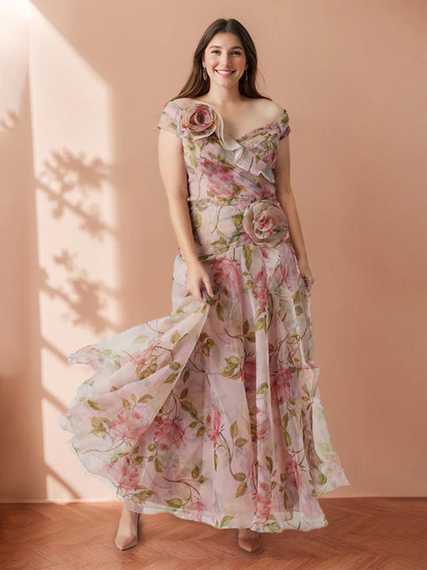 A-Line/Princess Off-the-Shoulder Printed Floral Plus Size Prom Dresses with Ruffles